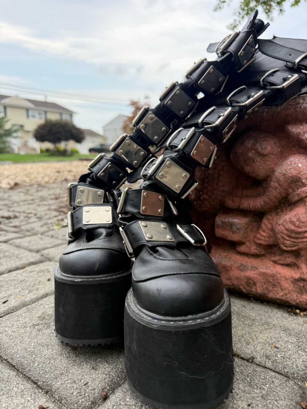 Black Platform Studded Buckle Boots - Women